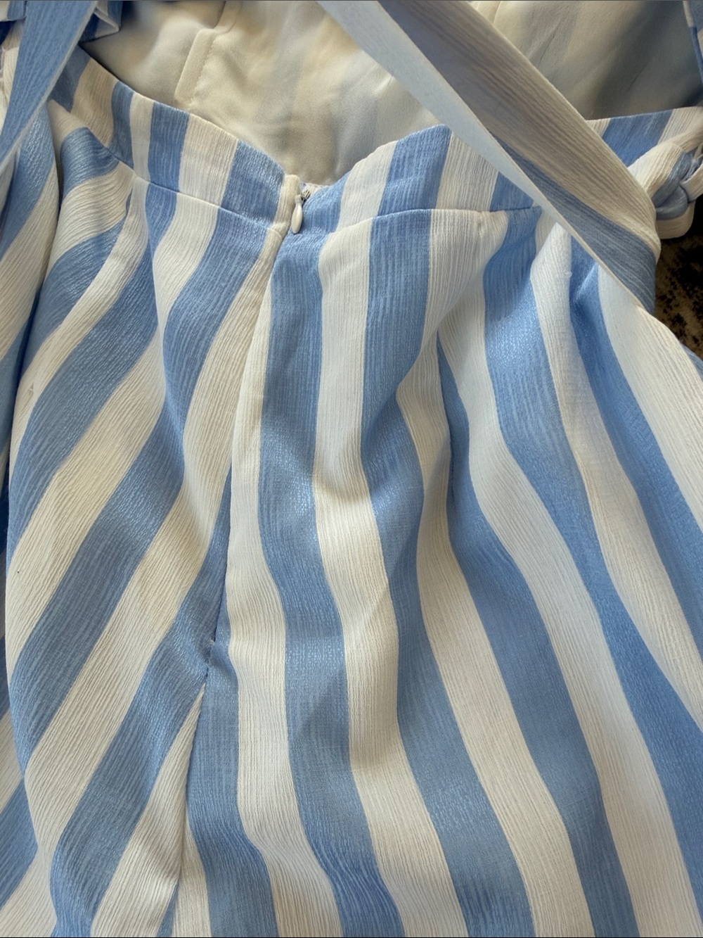 Vici Light Blue and White Striped Off-Shoulder Jumpsuit - Picture 4 of 5